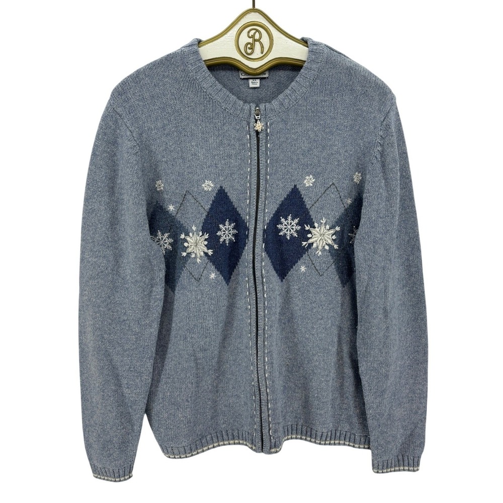 Snowflake Zip Sweater Blue Winter Cottagecore Nordic Apres Ski Cozy Women XL